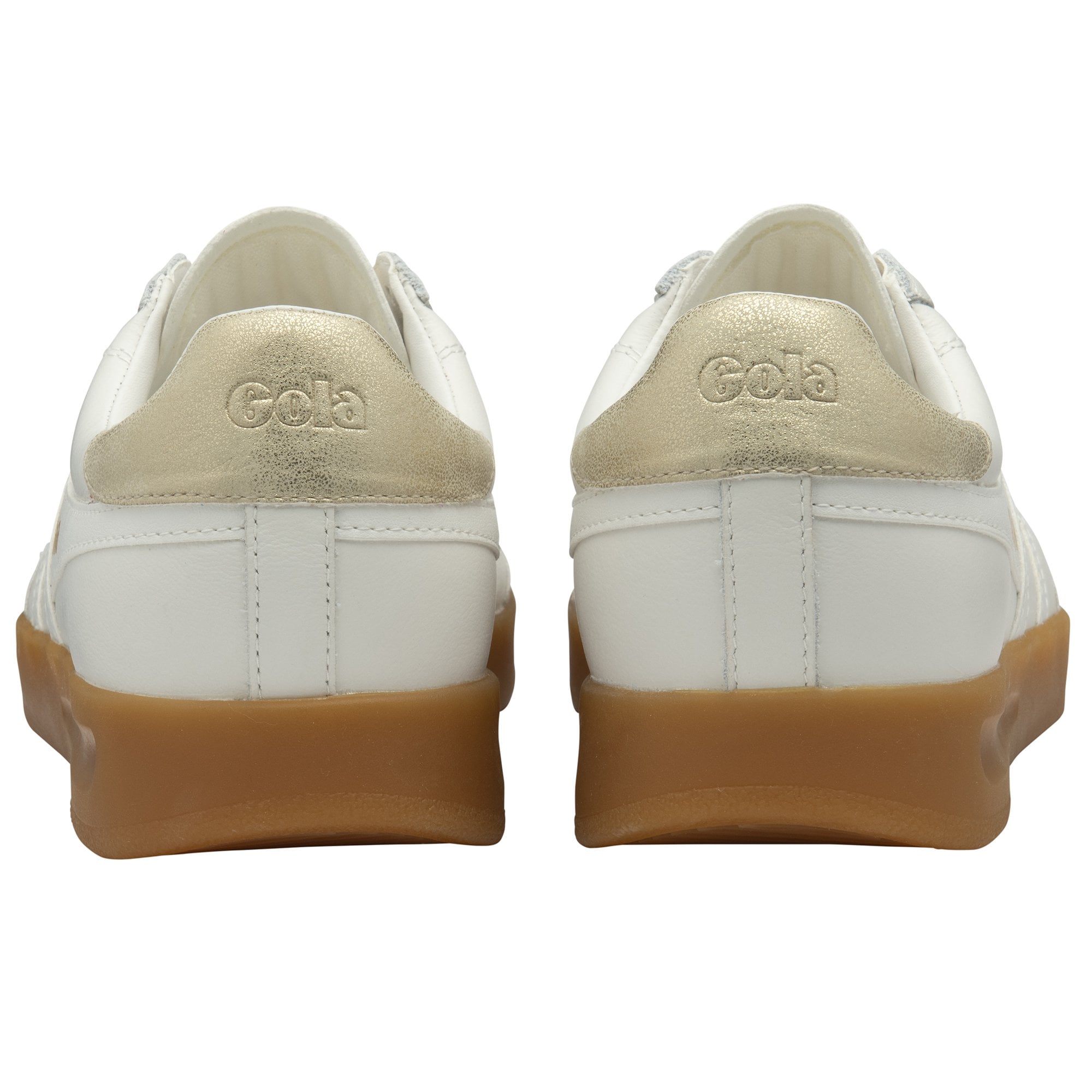 Gola Stadia Leather Ladies white, gold, and gum lace-up trainers with leather details and rubber soles.