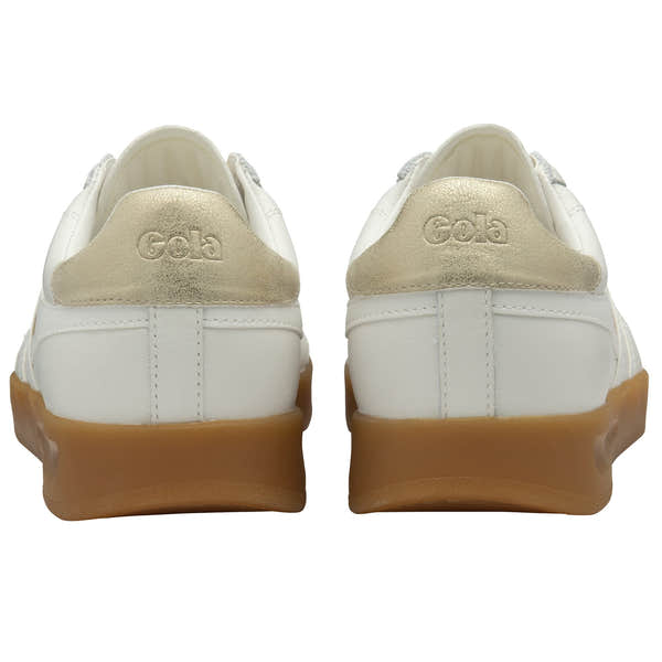 Gola Stadia Leather Ladies white, gold, and gum lace-up trainers with leather details and rubber soles.