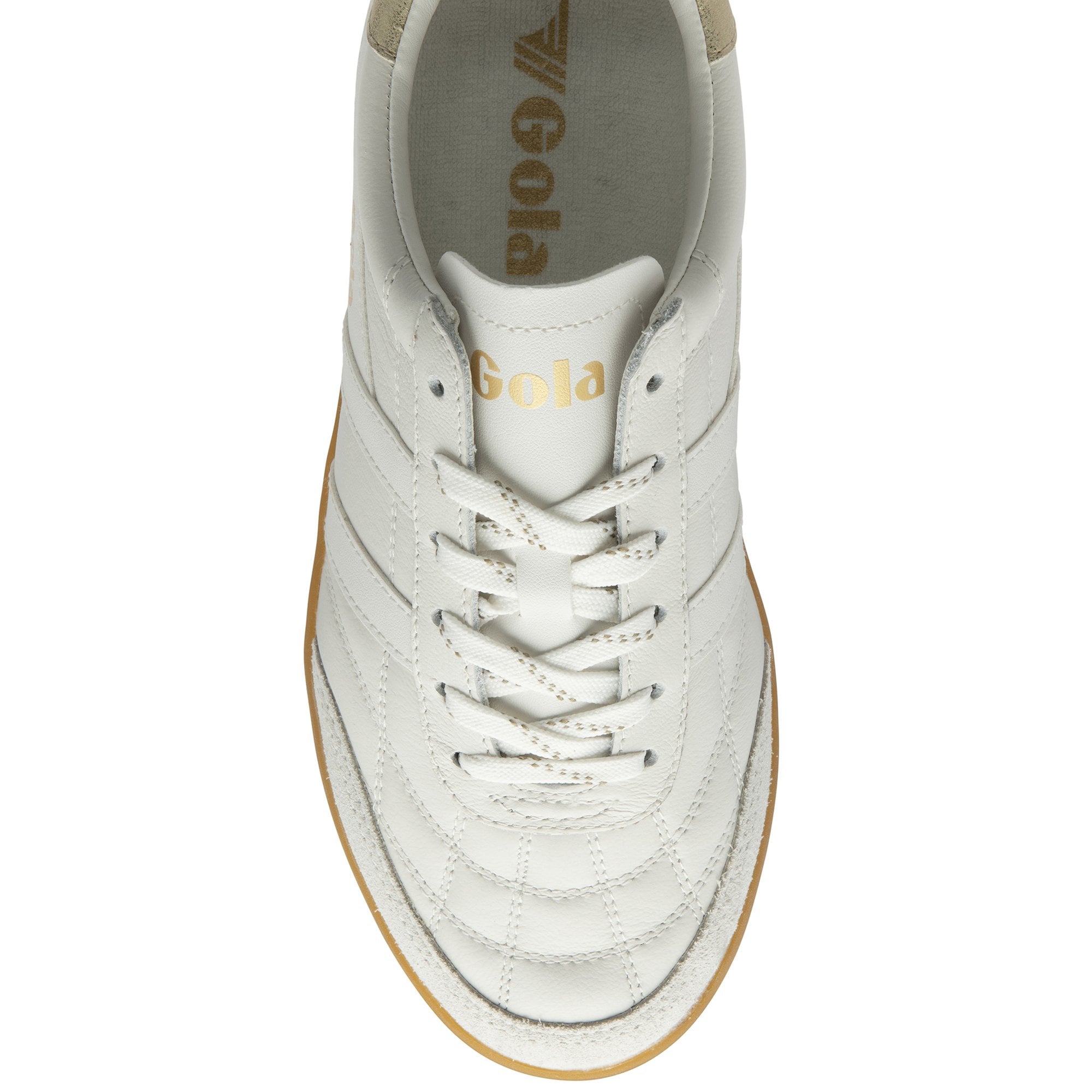 Gola Stadia leather women's lace-up trainers in white, gold, and gum with stylish design and cushioned interior.