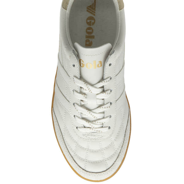 Gola Stadia leather women's lace-up trainers in white, gold, and gum with stylish design and cushioned interior.