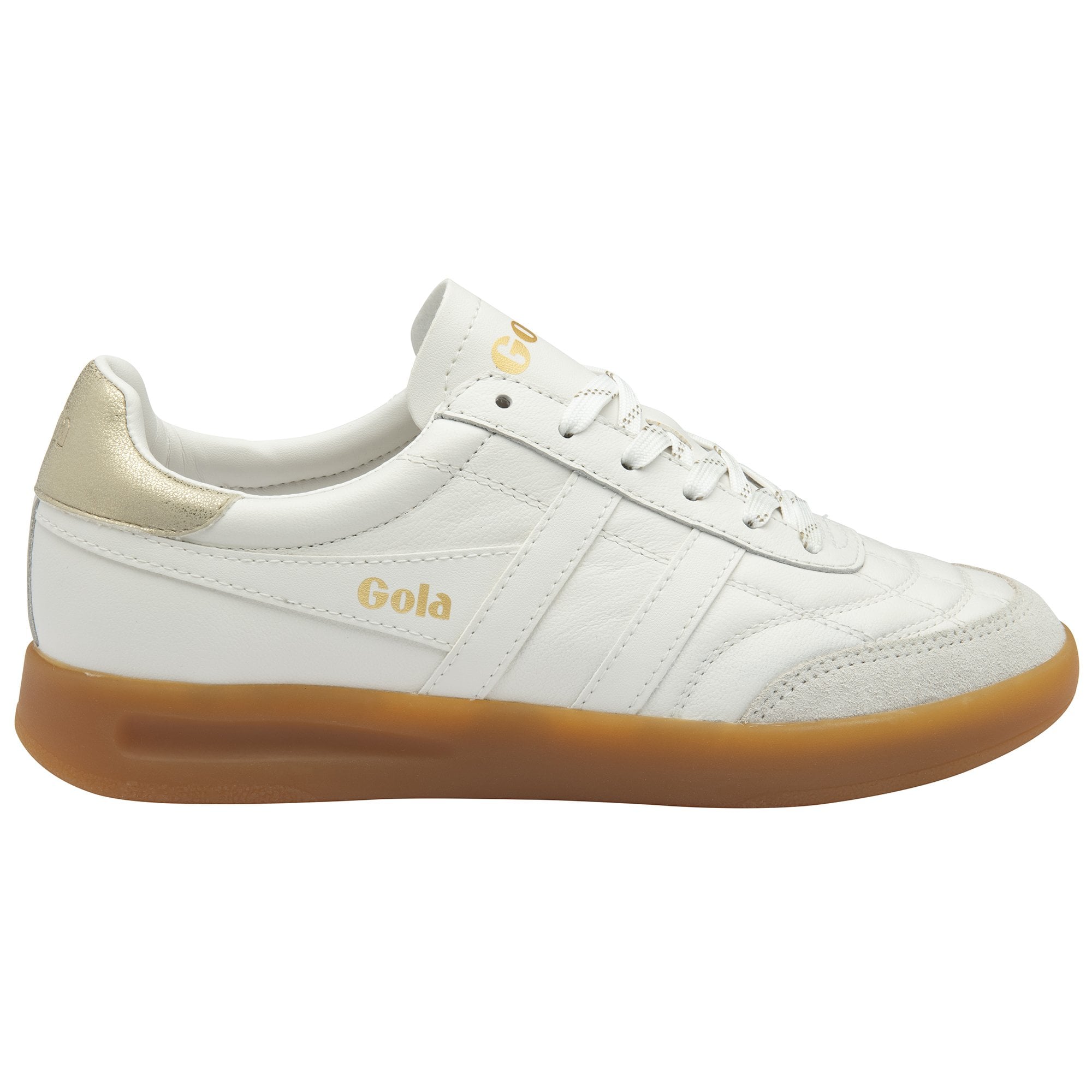 Gola Stadia women's leather trainers in white and gold with gum sole, lace-up design, stylish athletic footwear.