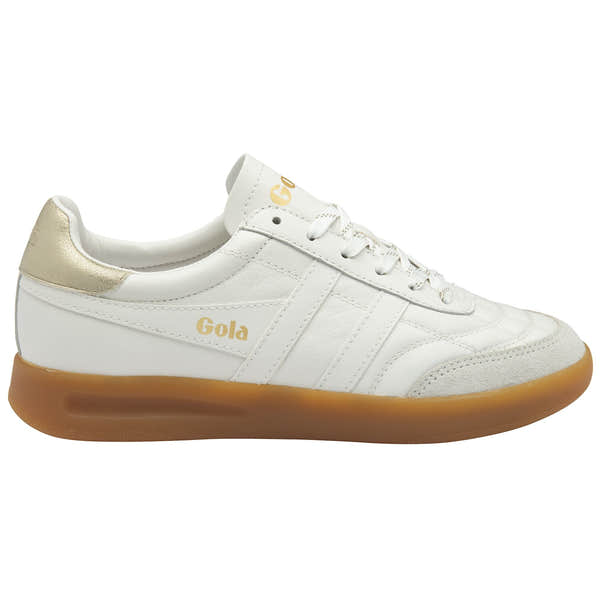 Gola Stadia women's leather trainers in white and gold with gum sole, lace-up design, stylish athletic footwear.