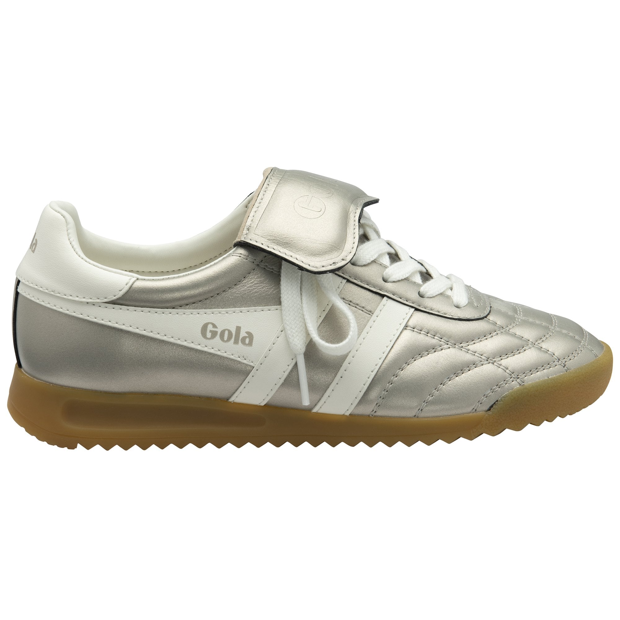Gola Ladies Champagne/Off White Leather Lace-Up Trainers with Velcro strap, cushioned sole, and gum rubber outsole.