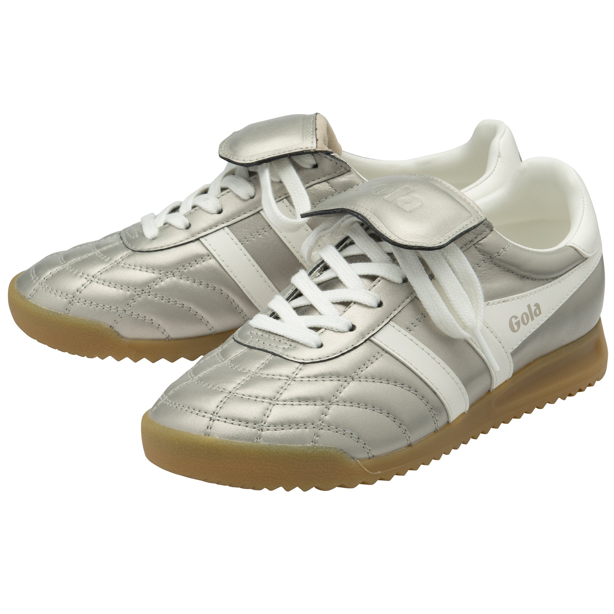 Gola Stadium 86 Ladies Champagne/Off White Leather Lace-Up Trainers with quilted design and gum sole.