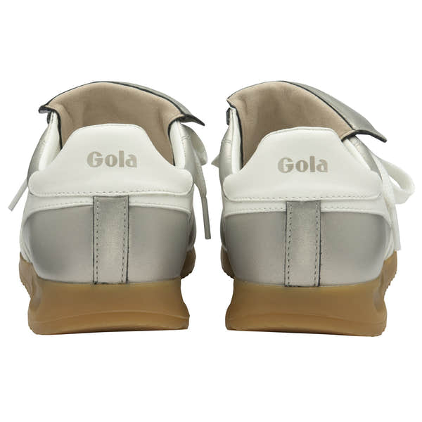 Gola Stadium 86 Ladies Champagne/Off White Leather Lace-Up Trainers, rear view showing beige cushioning, white and metallic finish, and gum sole.