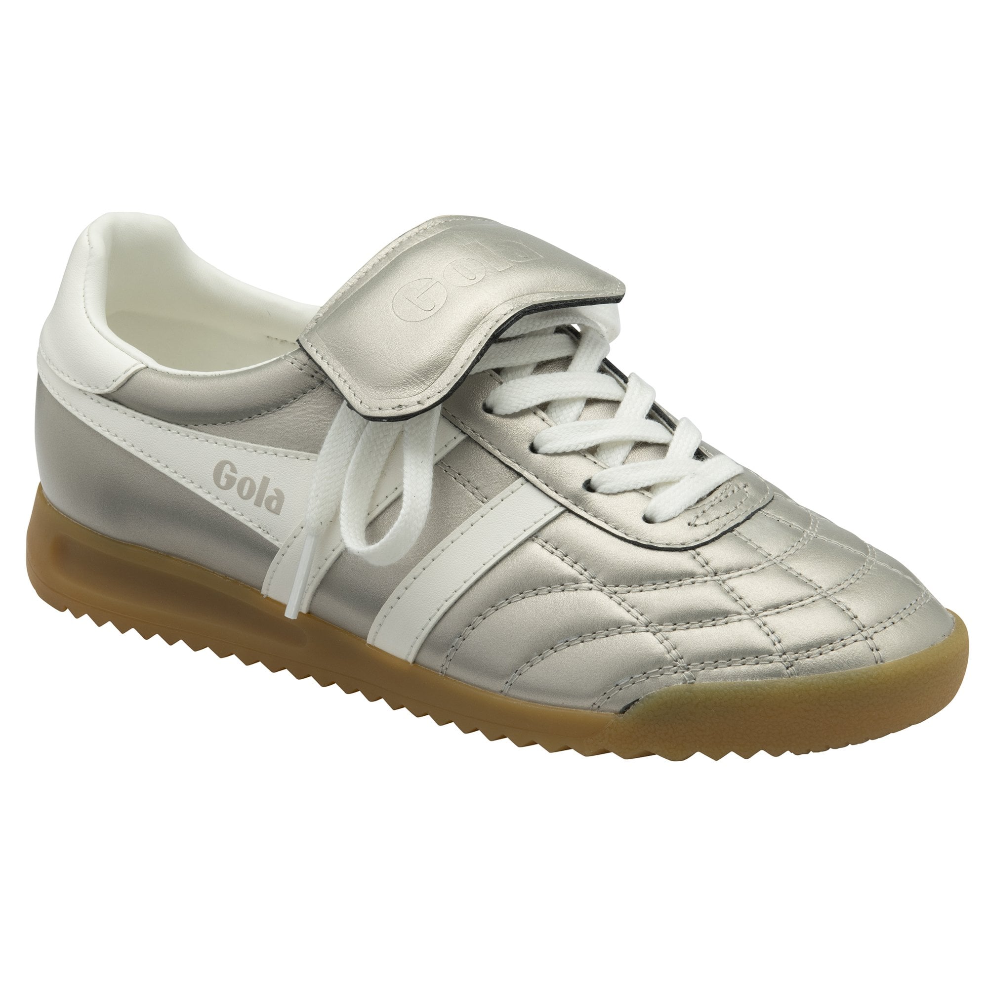 Gola Stadium 86 Ladies off-white leather lace-up trainers with a tan rubber sole and velcro strap for comfort.