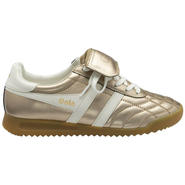 Gola Stadium 86 ladies gold and off-white leather lace-up trainers with cushioned interior and gum sole.