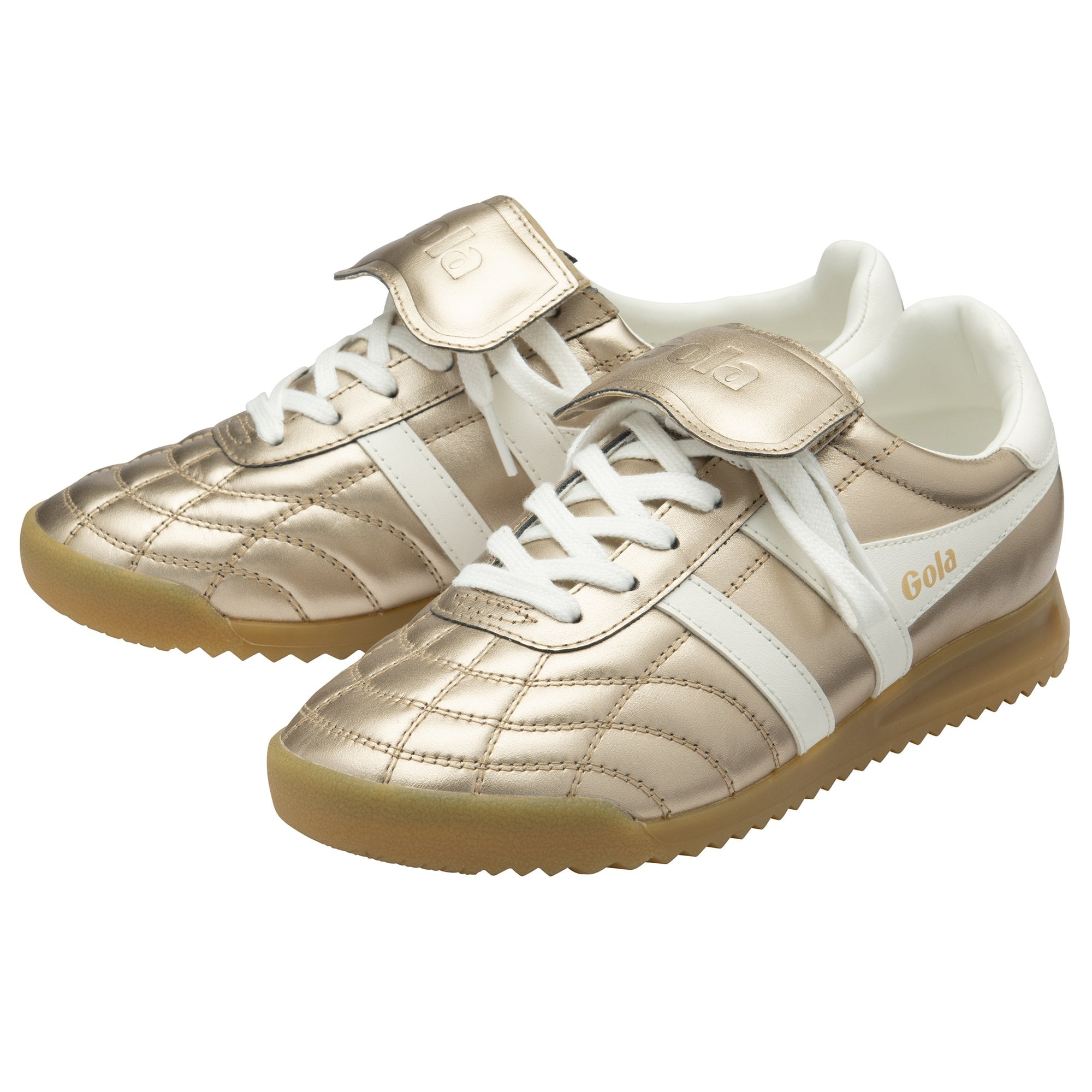 Gola Stadium 86 Ladies Gold and Off White Leather Lace-Up Trainers with quilted design and velcro strap, breathable white lining, and rubber sole.