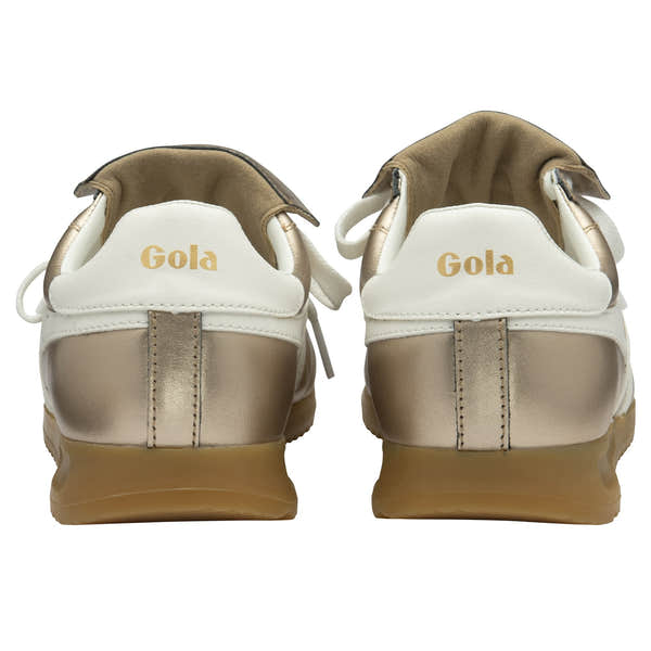 Gola Stadium 86 Ladies Gold and Off-White Leather Lace-Up Trainers, back view, cushioned collar, stylish sporty footwear.