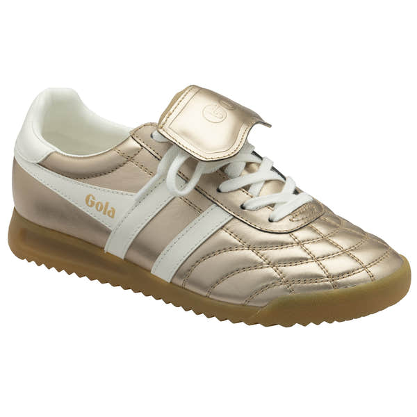 Gola Stadium 86 Ladies gold/off-white leather lace-up trainers with white and gold detailing and a gum sole.