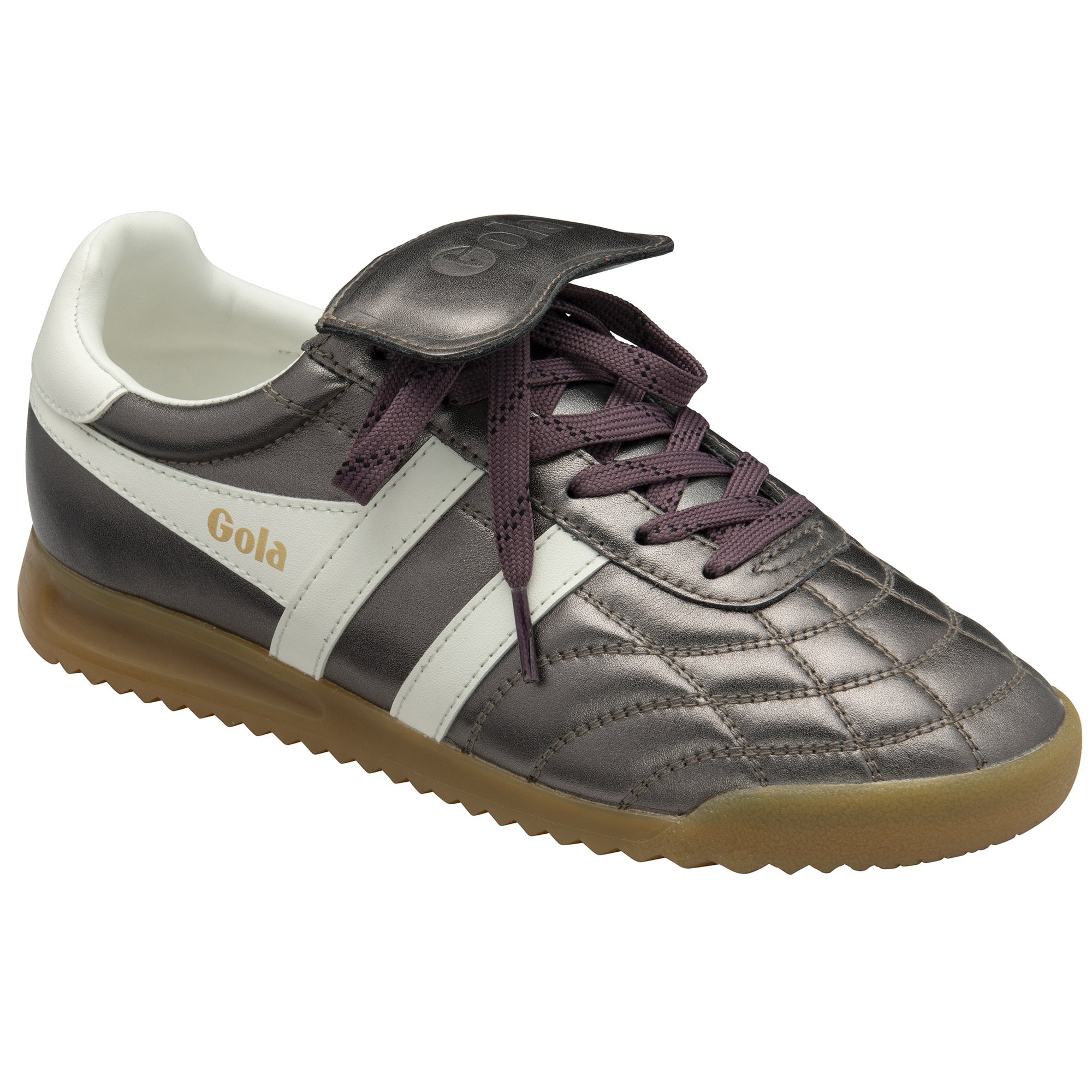 Gola Stadium 86 Ladies pewter/off-white leather lace-up trainers with contrasting white stripes and a tan rubber sole.