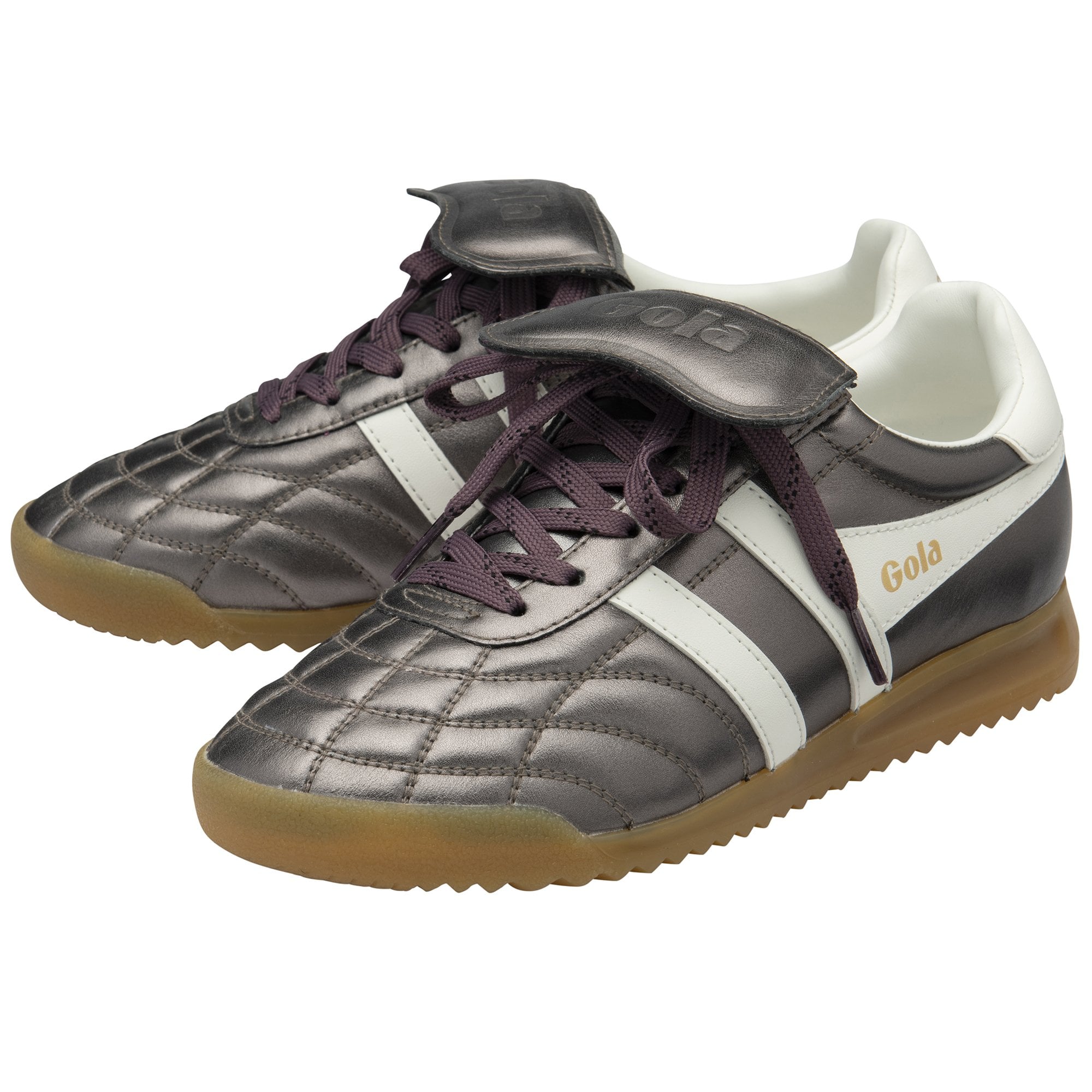 Gola Stadium 86 Ladies pewter and off-white leather lace-up trainers with quilted design and gum sole.