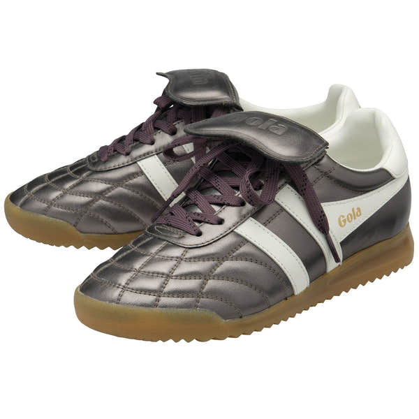 Gola Stadium 86 Ladies pewter and off-white leather lace-up trainers with quilted design and gum sole.