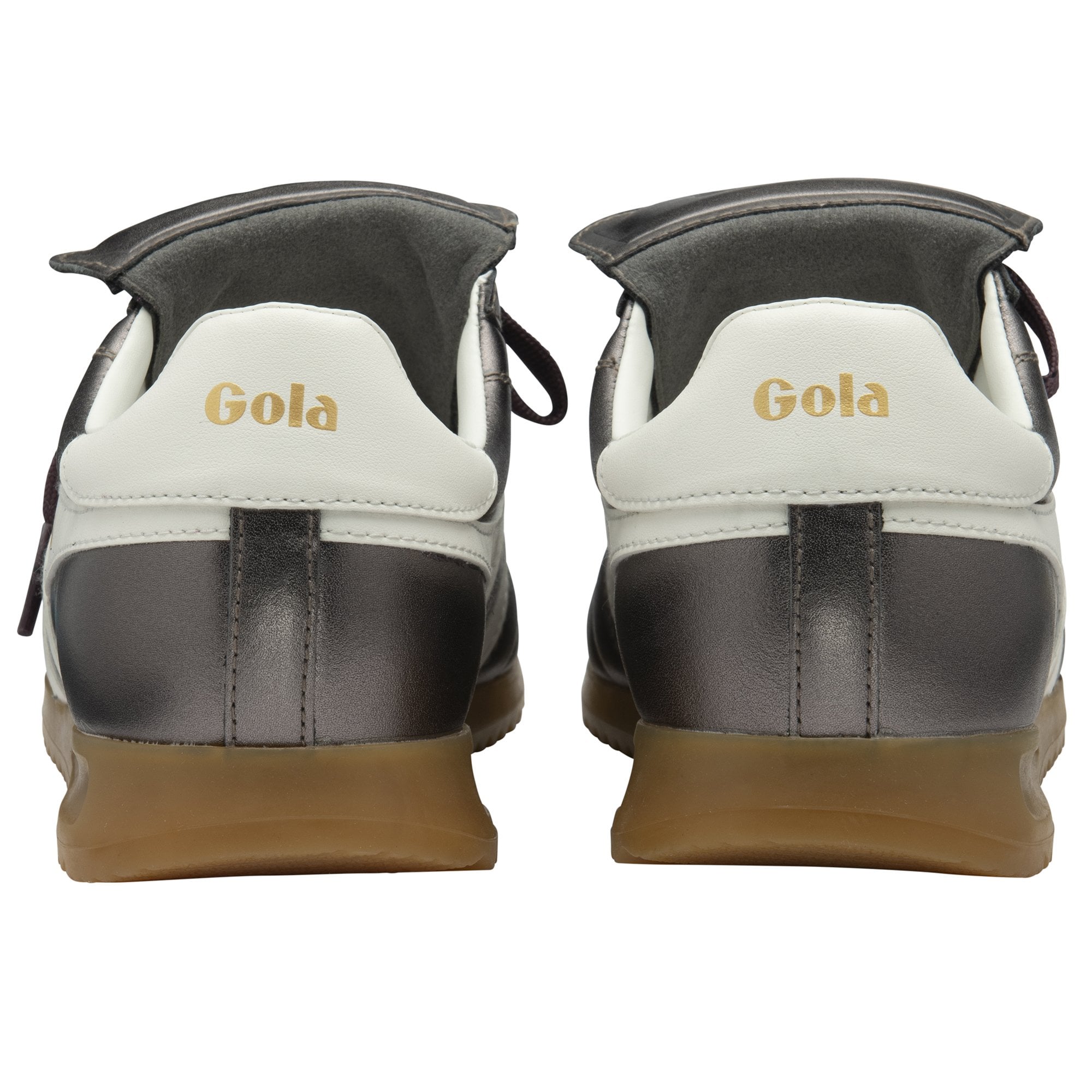 Gola Stadium 86 Ladies Pewter/Off White Leather Lace-Up Trainers, back view with beige soles and brand logo on heel.