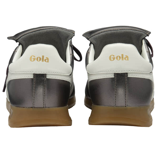 Gola Stadium 86 Ladies Pewter/Off White Leather Lace-Up Trainers, back view with beige soles and brand logo on heel.