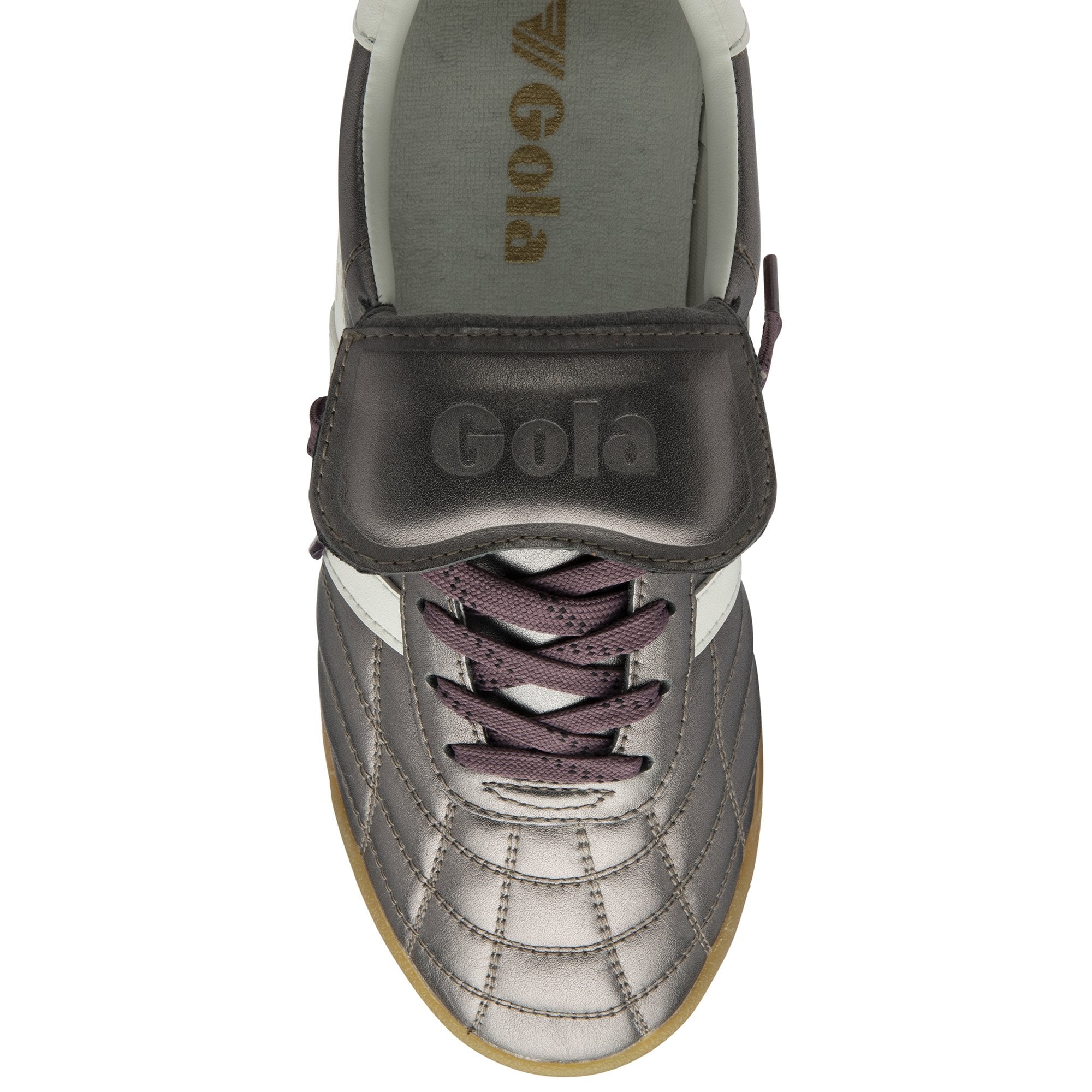 Gola Stadium 86 Ladies pewter and off-white leather lace-up trainers with strap detail and gum sole.