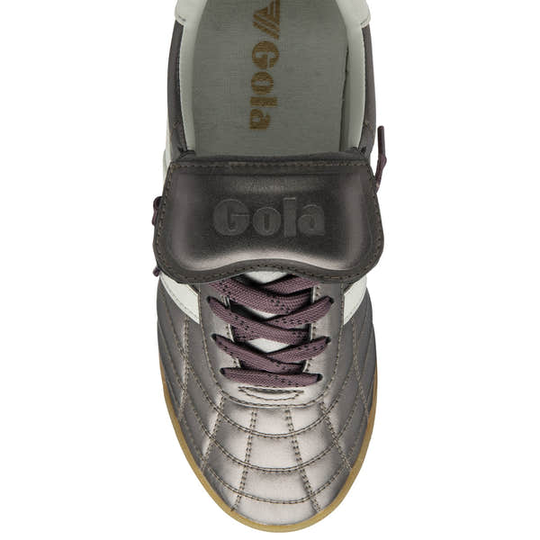 Gola Stadium 86 Ladies pewter and off-white leather lace-up trainers with strap detail and gum sole.