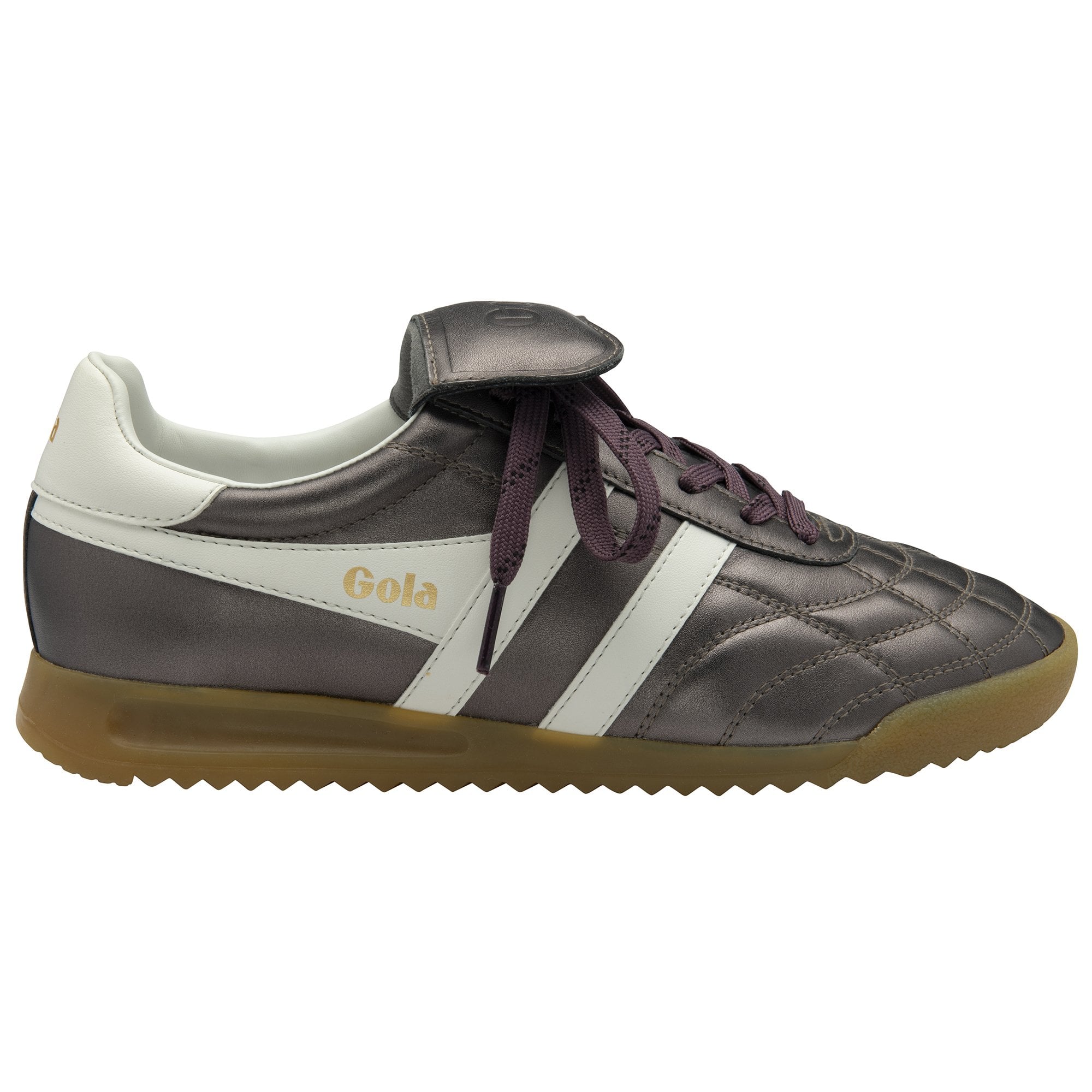 Gola Stadium 86 Ladies pewter and off-white leather lace-up trainers with gum sole and decorative white stripes.