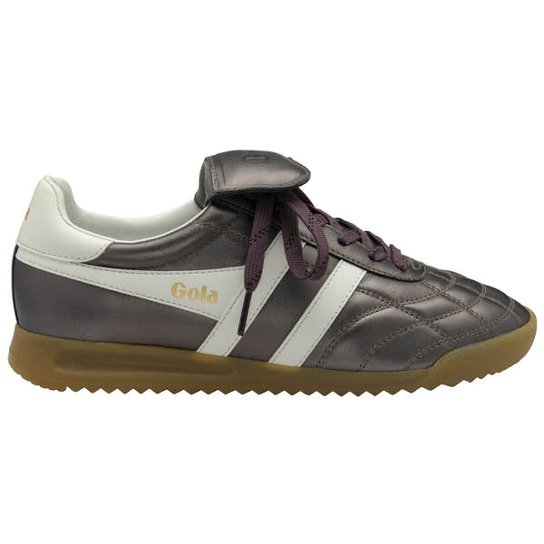 Gola Stadium 86 Ladies pewter and off-white leather lace-up trainers with gum sole and decorative white stripes.