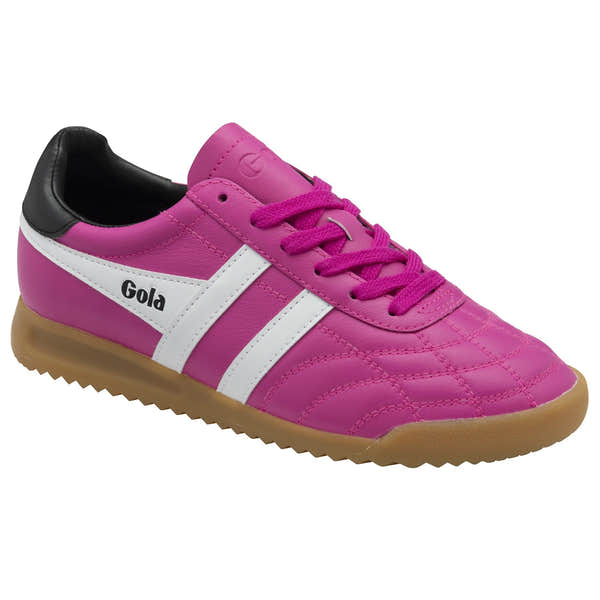 Gola Ladies pink, white, and black leather lace-up trainers with gum sole, stylish athletic footwear.