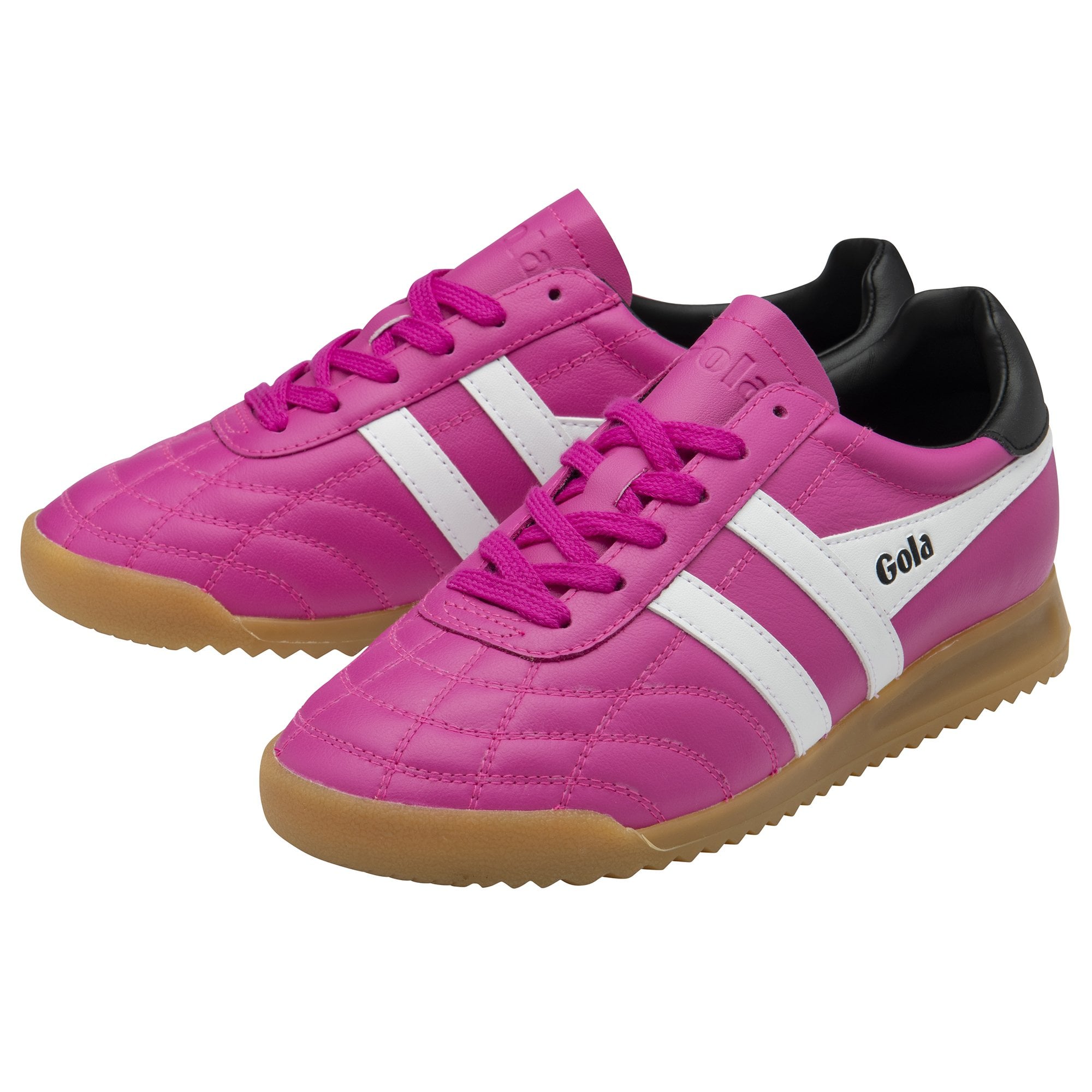 Gola Ladies pink, white, and black leather lace-up trainers with a gum sole and sporty design.