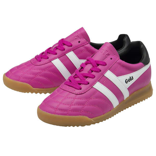 Gola Ladies pink, white, and black leather lace-up trainers with a gum sole and sporty design.