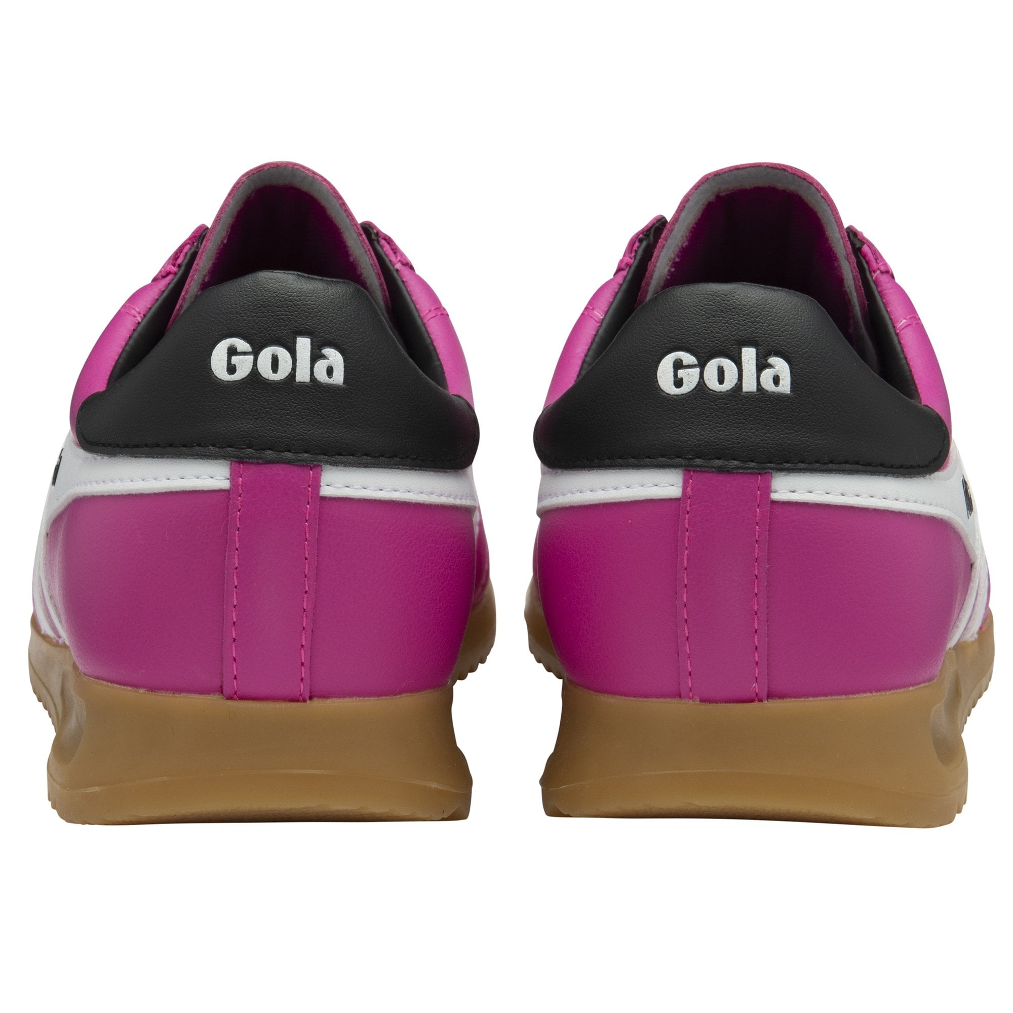 Gola Ladies Pink, White, and Black Leather Lace-Up Trainers with gum sole, rear view highlighting brand logo.