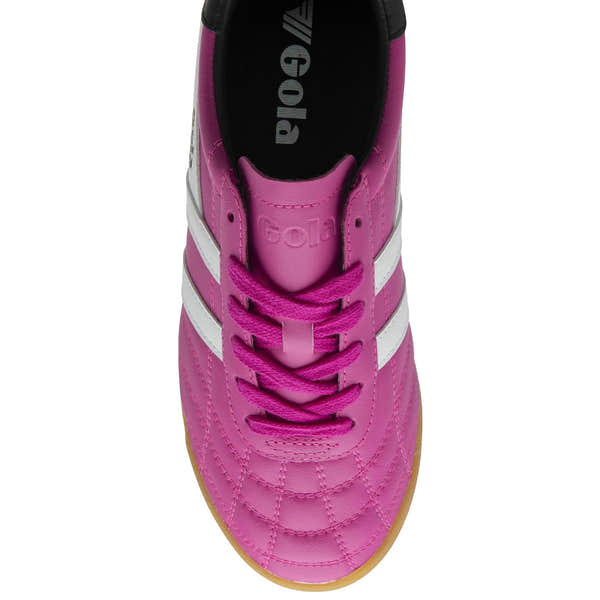 Pink leather lace-up trainer with white stripes, black accents, and a gum sole, stylish Gola Stadium Ladies sneaker.