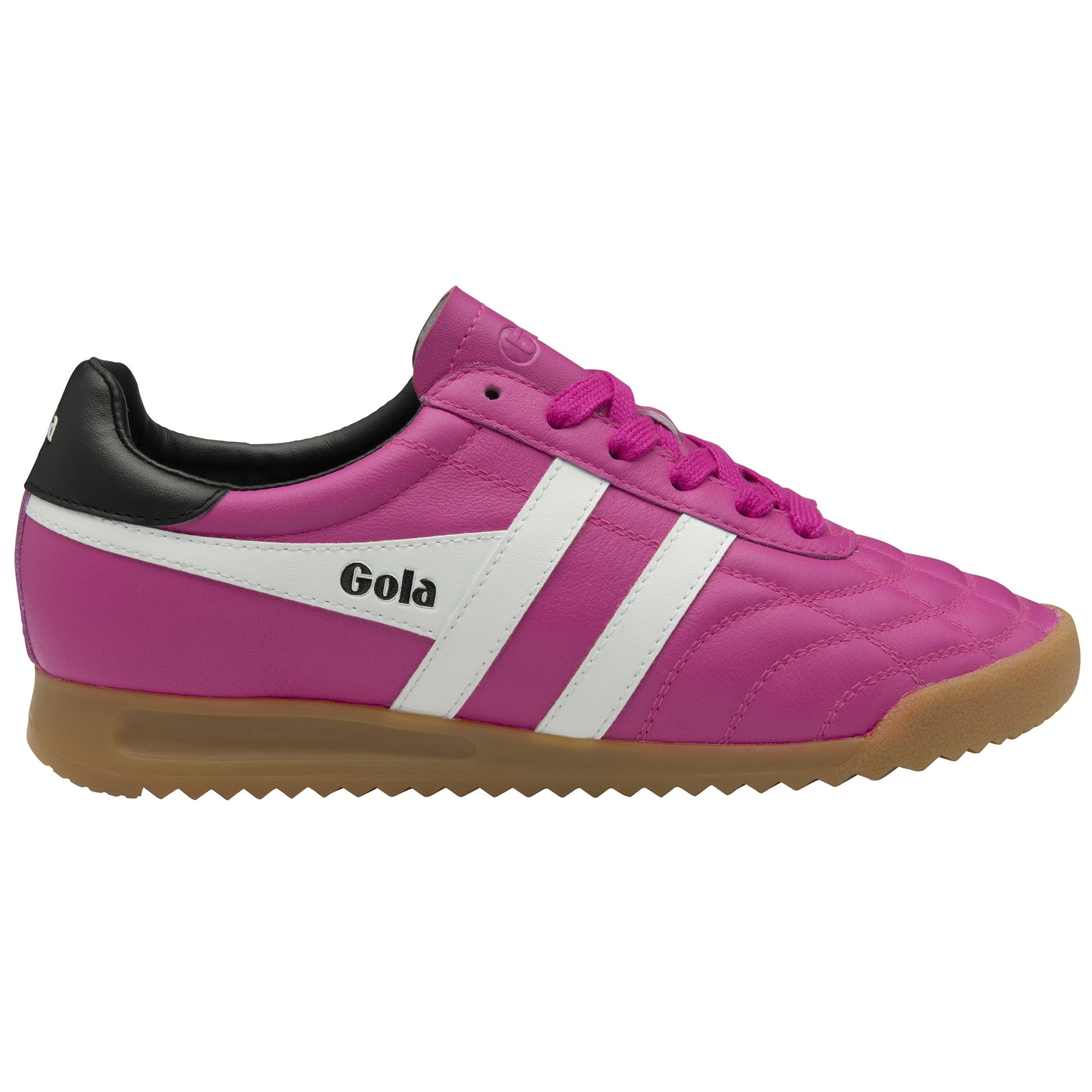 Gola Stadium women's lace-up trainers in shocking pink, white, and black leather with gum sole.