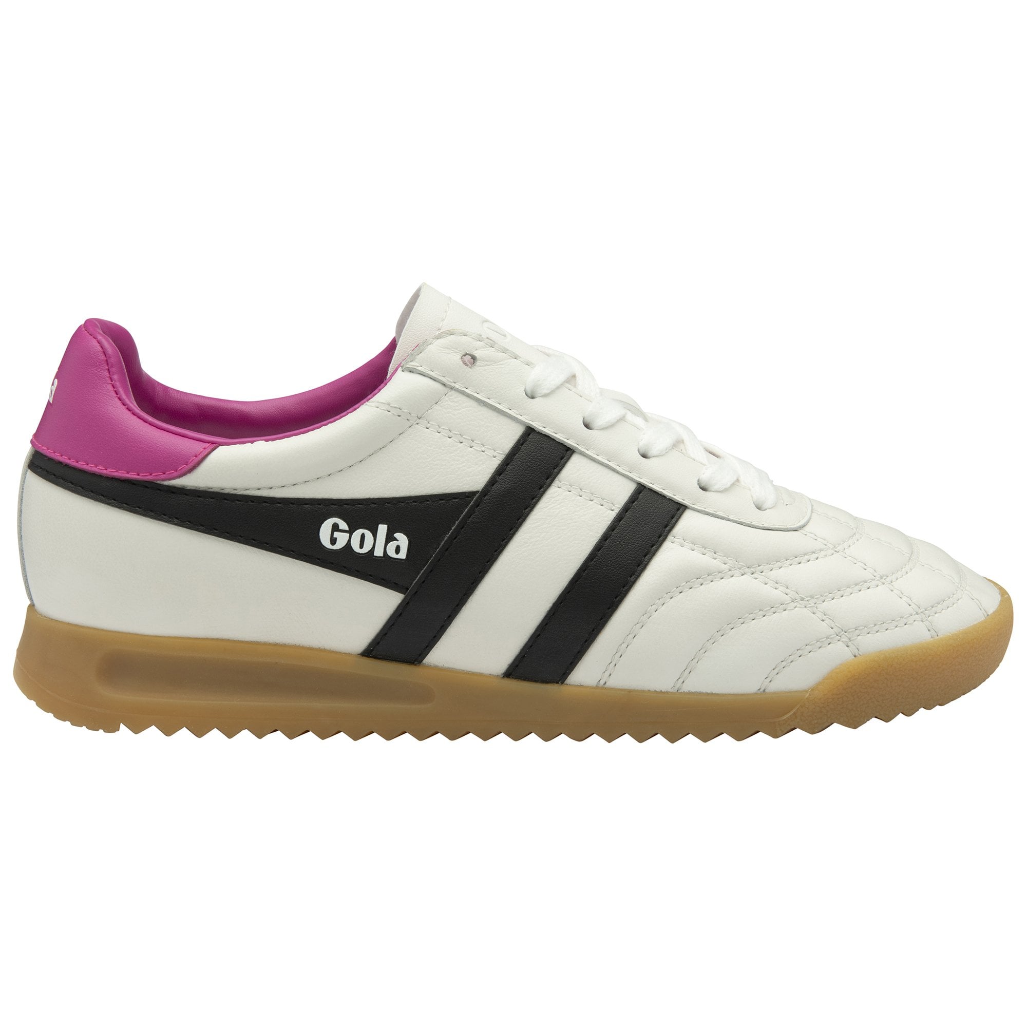Gola Stadium women's white, black, and shocking pink leather lace-up trainers with gum sole for casual wear.