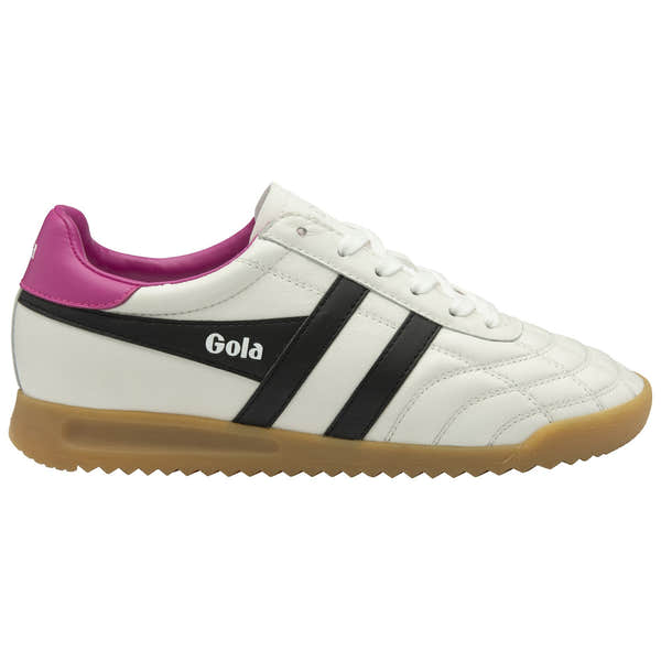 Gola Stadium women's white, black, and shocking pink leather lace-up trainers with gum sole for casual wear.