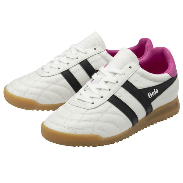 Gola Stadium women's white, black, and shocking pink leather lace-up trainers with gum sole and padded pink interior.