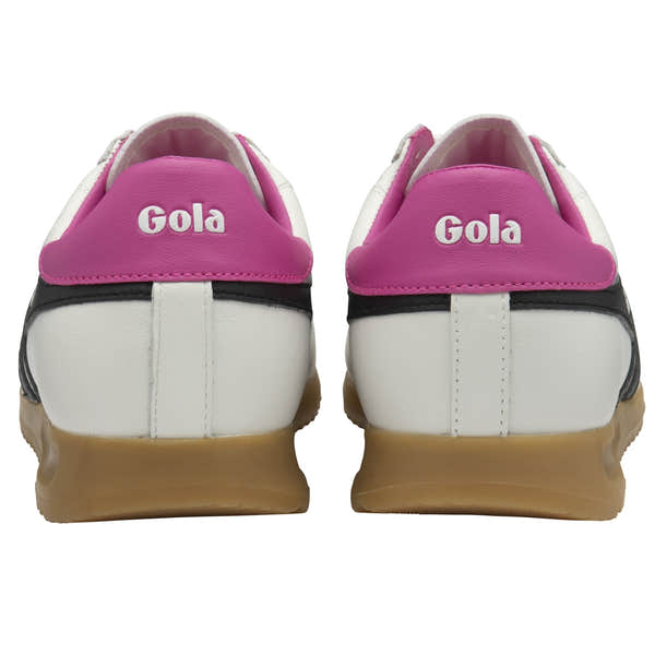 Gola Ladies white, black, and shocking pink leather lace-up trainers with gum sole, back view.