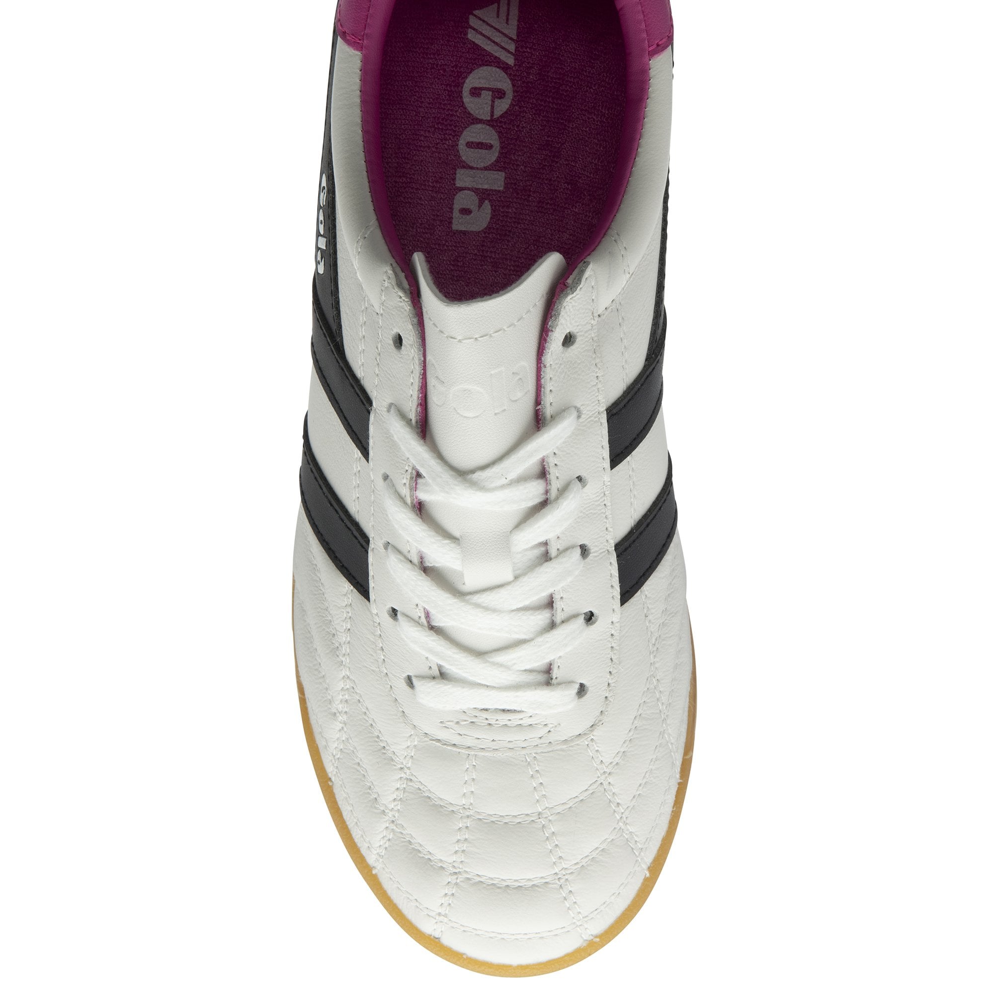 Gola Stadium women's white, black, and shocking pink leather lace-up trainers with gum sole.