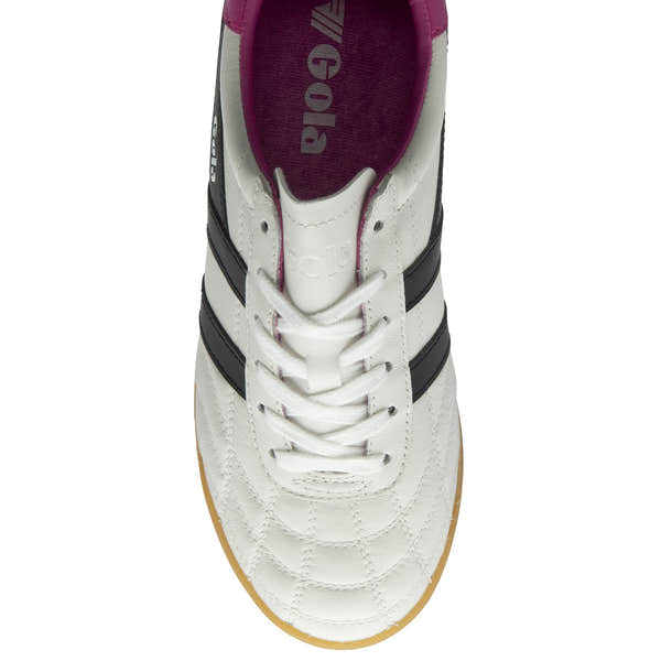 Gola Stadium women's white, black, and shocking pink leather lace-up trainers with gum sole.