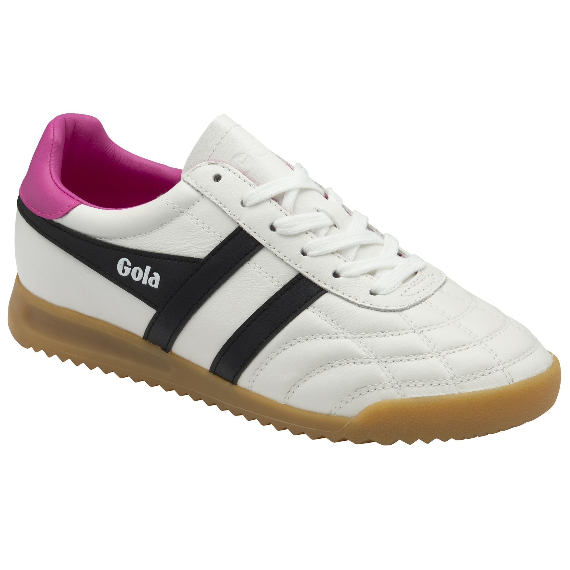 Gola Ladies white, black, and pink leather lace-up trainers with gum sole and sporty design.