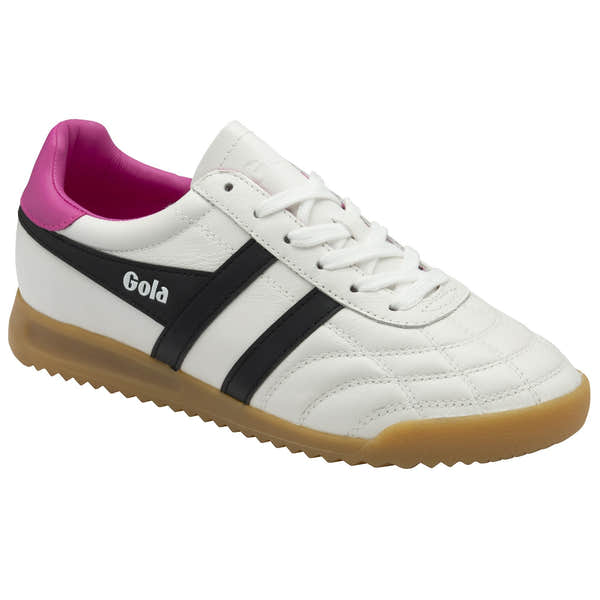 Gola Ladies white, black, and pink leather lace-up trainers with gum sole and sporty design.