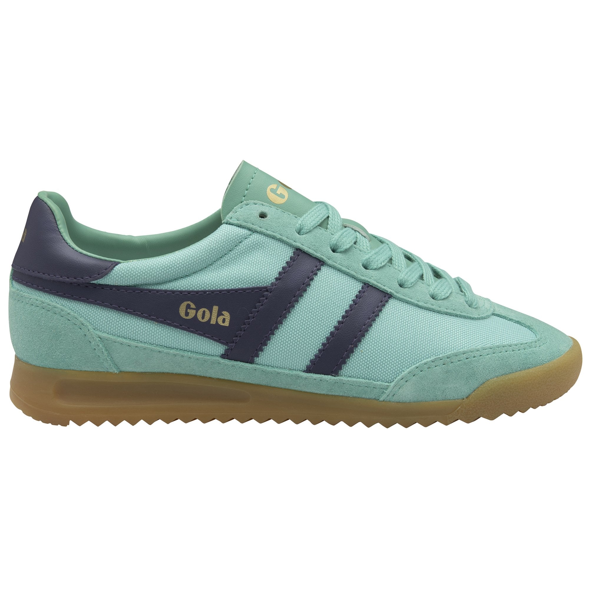 Gola Tornado women's sea mist and plum leather and textile lace-up trainers with gum sole.