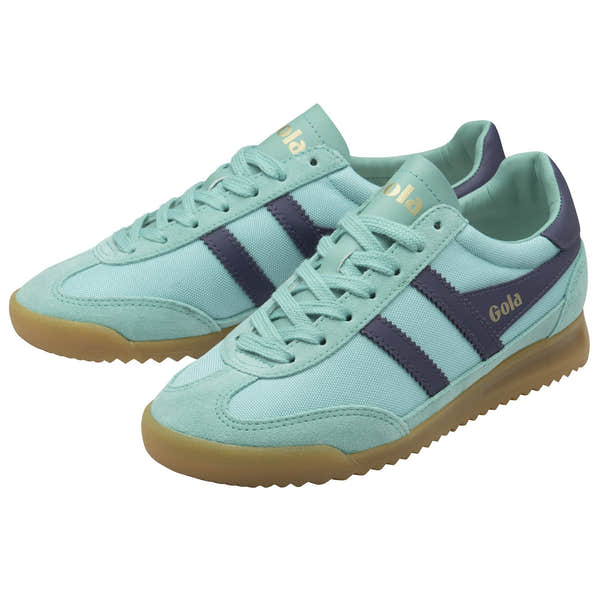 Gola Tornado women’s sea mist and plum leather and textile lace-up trainers with gum sole.