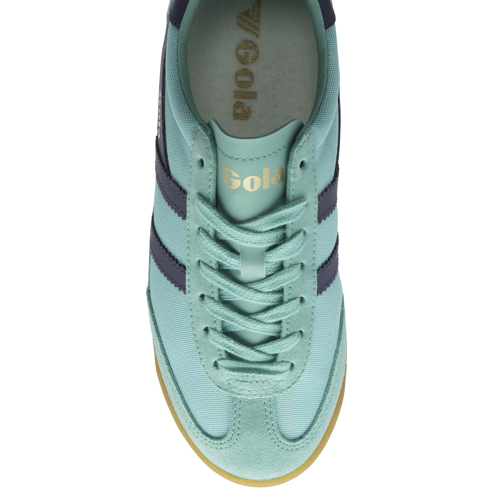 Gola Tornado Ladies sea mist and plum leather and textile lace-up trainers, top view with textured sole and brand logo.