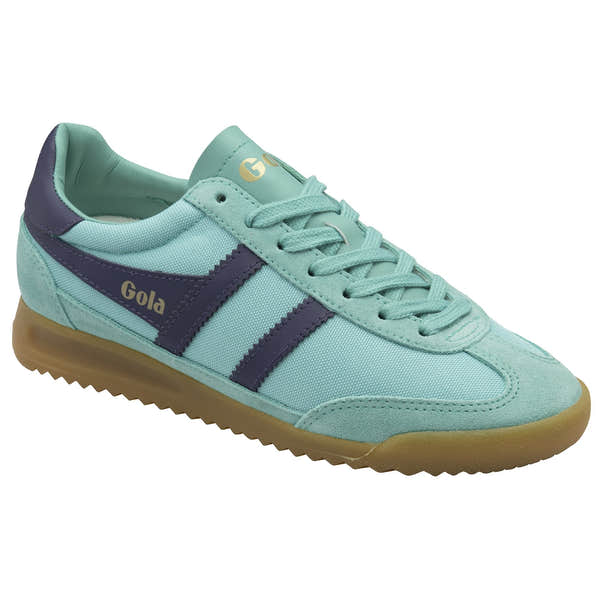 Gola Tornado ladies sea mist and plum leather and textile lace-up trainers with gum rubber sole.