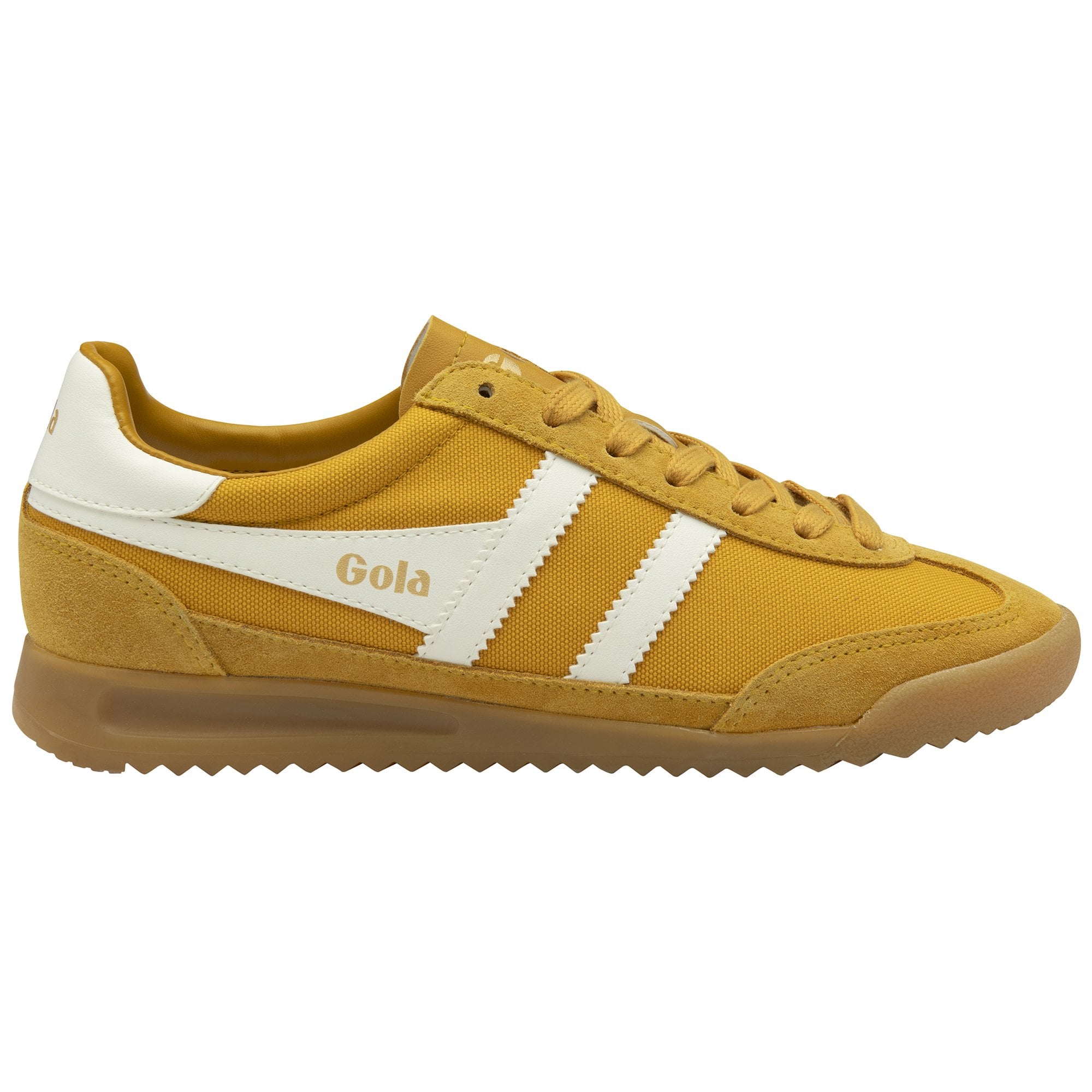 Gola Tornado Ladies Sun/Off White Leather and Textile Lace-Up Sneakers, yellow and white athletic trainers with gum sole.