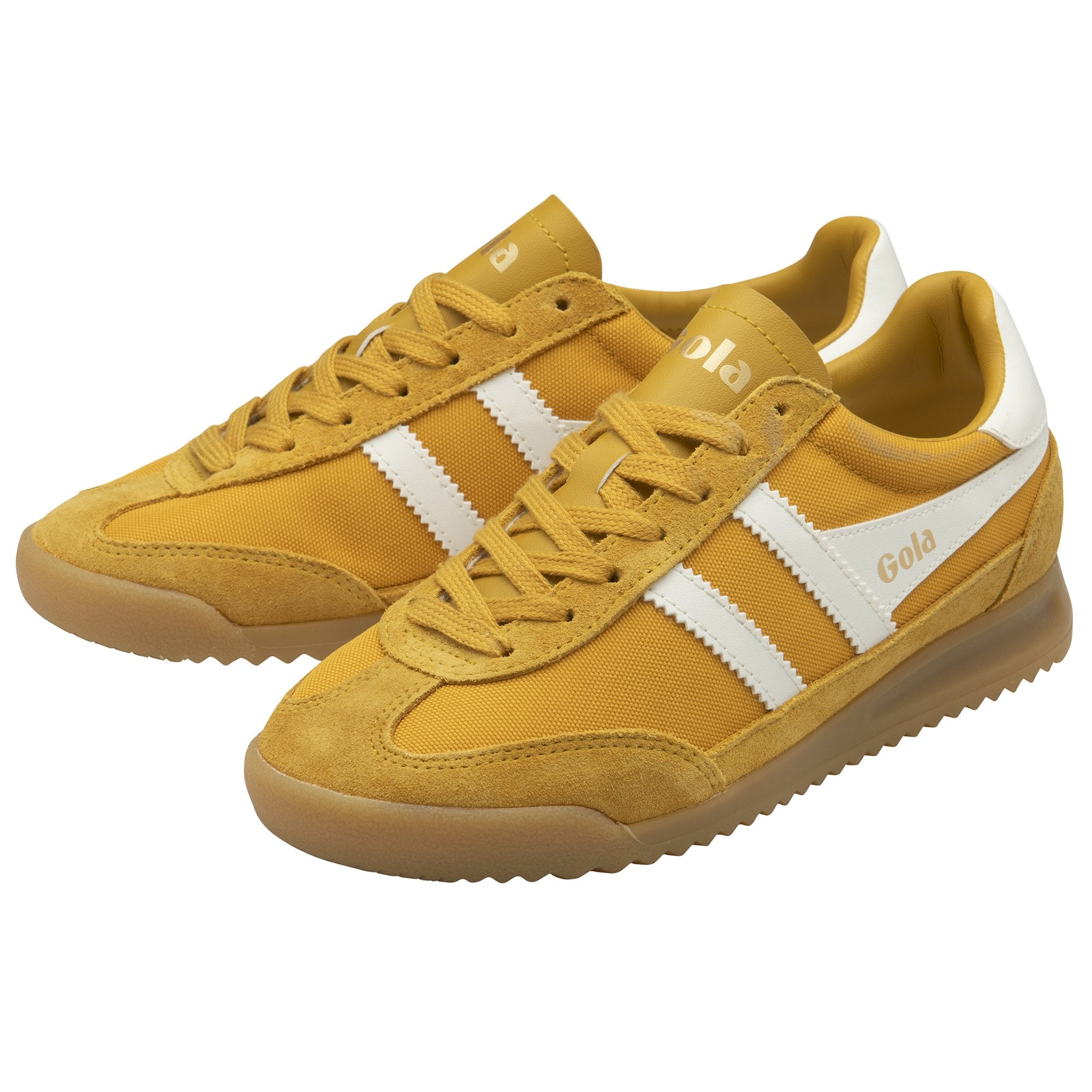 Gola Tornado Ladies sun/off-white leather and textile lace-up trainers with cushioned soles and sporty design.