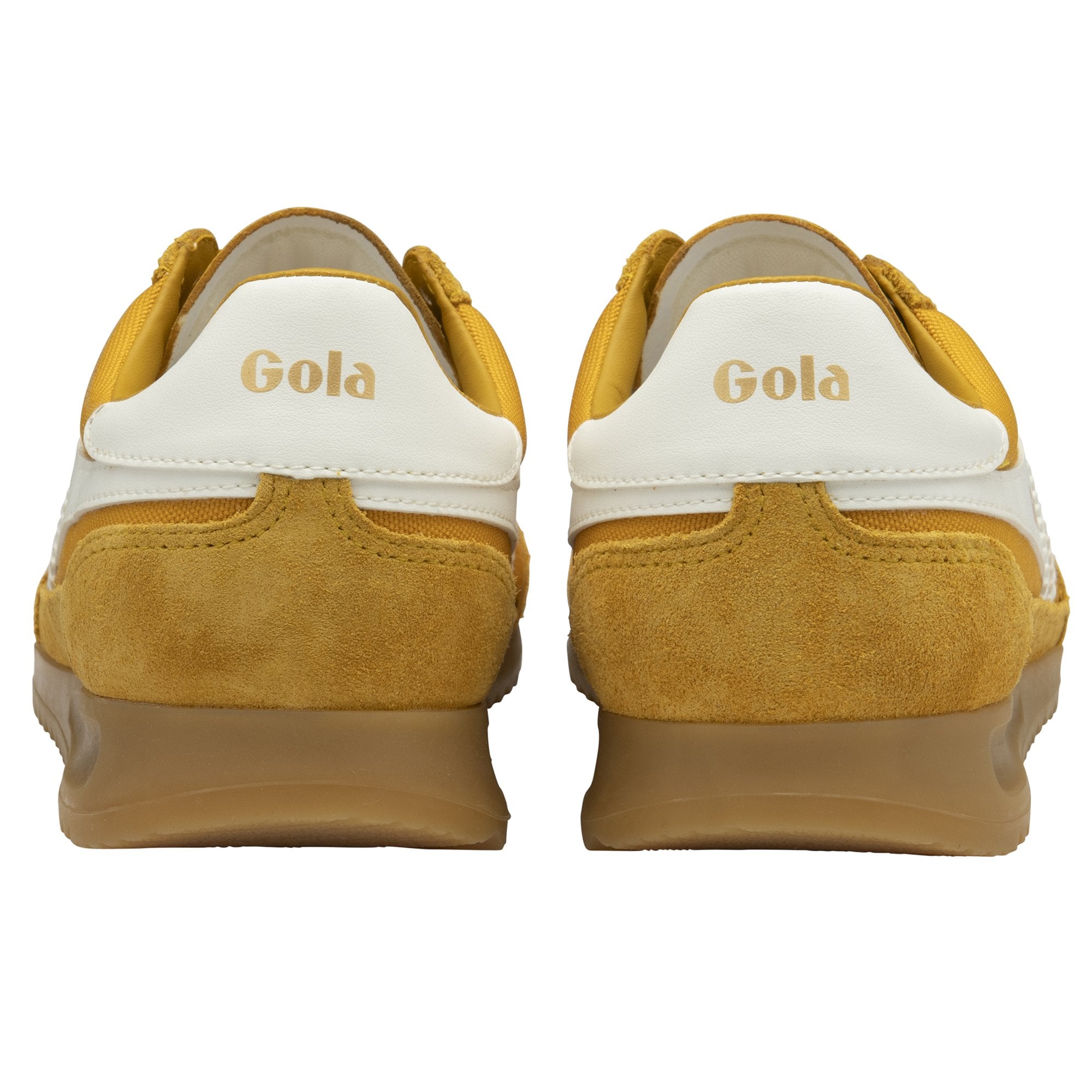 Gola Tornado Ladies Sun/Off White Leather and Textile Lace-Up Trainers, casual sneakers with yellow accents and gum soles.