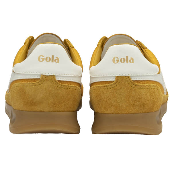 Gola Tornado Ladies Sun/Off White Leather and Textile Lace-Up Trainers, casual sneakers with yellow accents and gum soles.