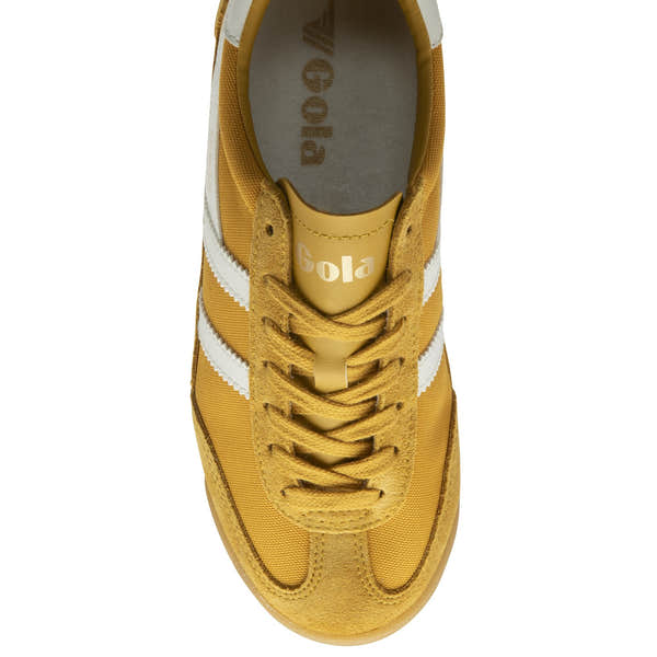 Gola Tornado ladies off-white leather and textile lace-up trainers, stylish sporty sneakers with white stripes, comfortable and trendy.