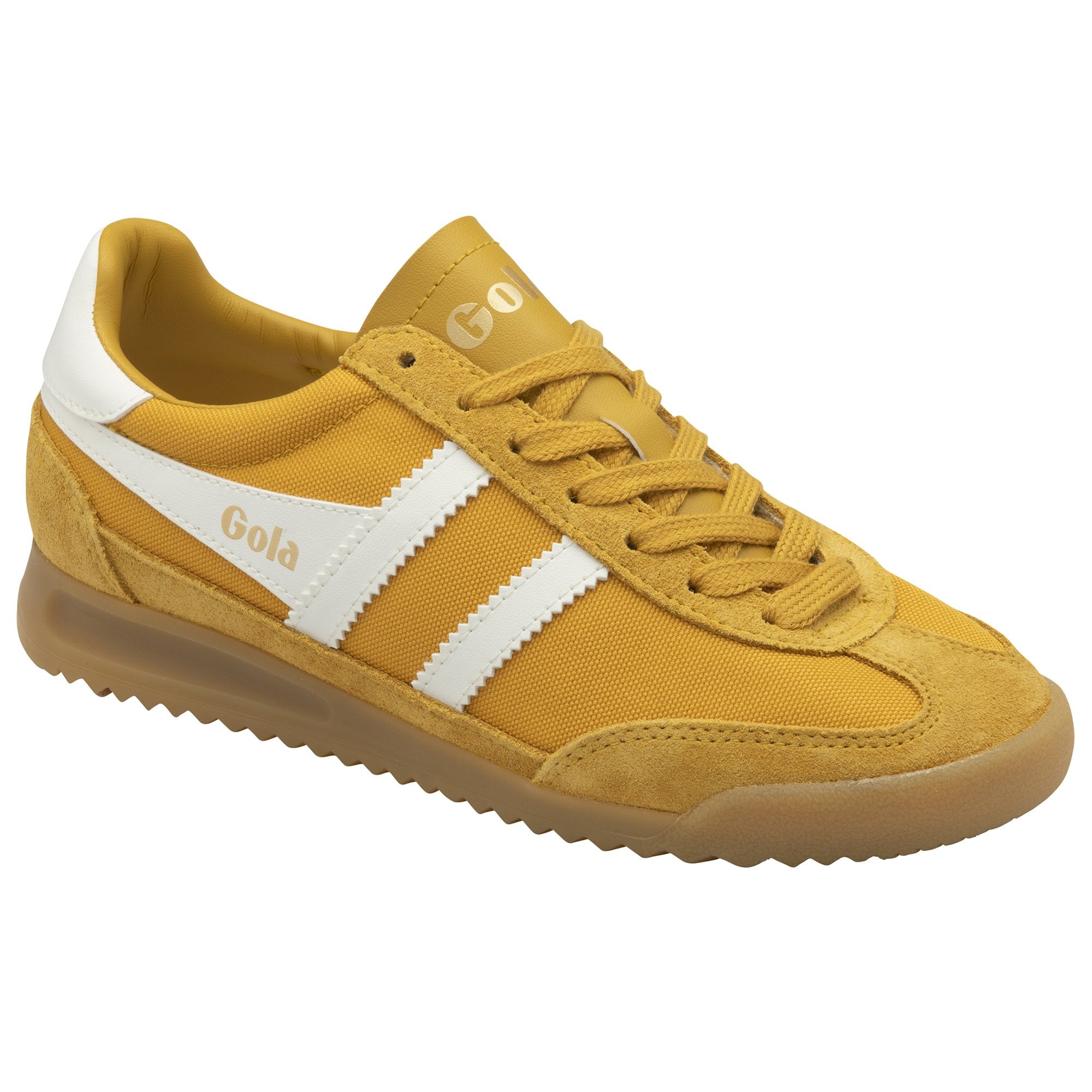 Gola Tornado Ladies Sun/Off White Leather and Textile Lace-Up Trainers in yellow with white accents and gum sole.