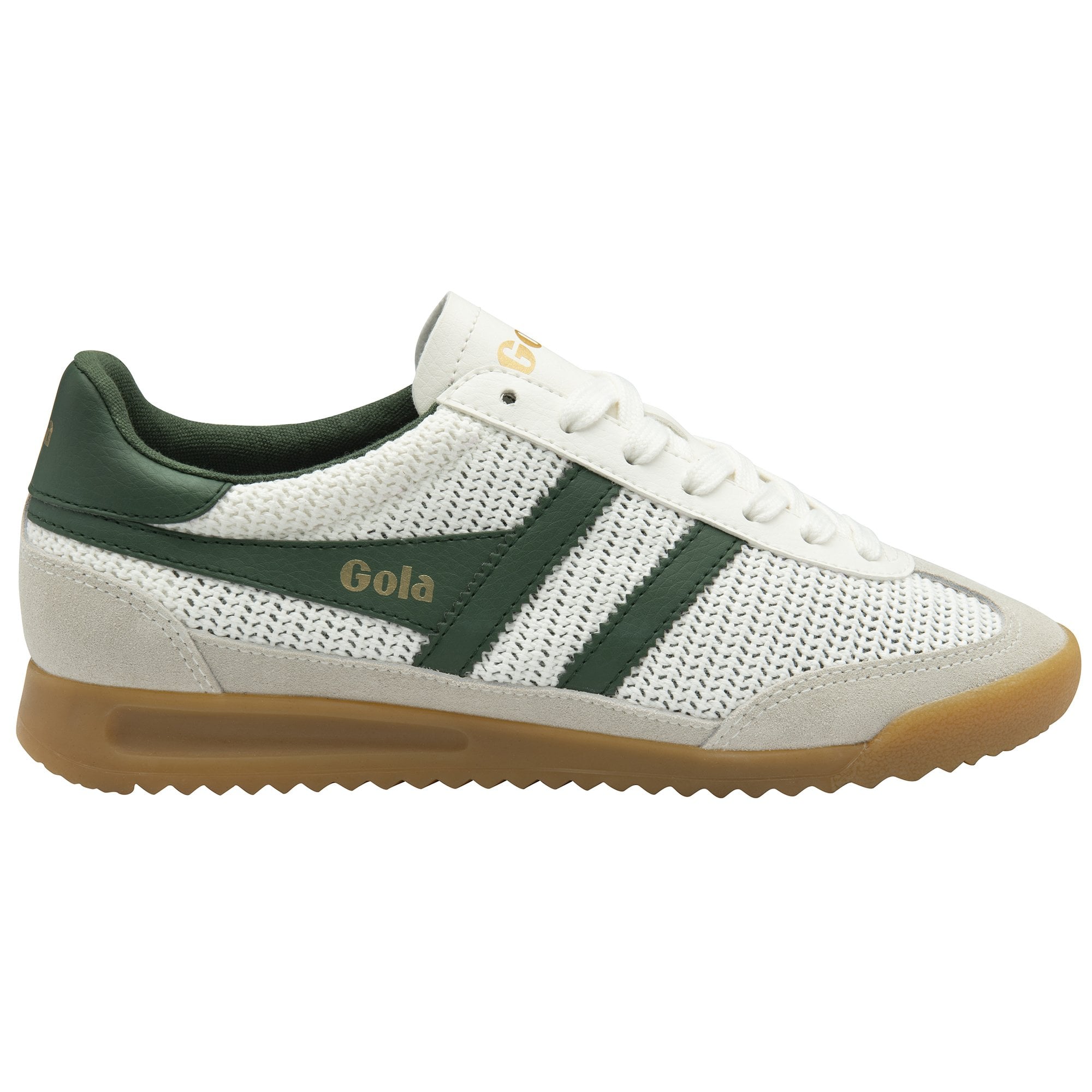 Gola Tornado Zephyr women's off-white and green leather and textile lace-up sneakers with gum sole.