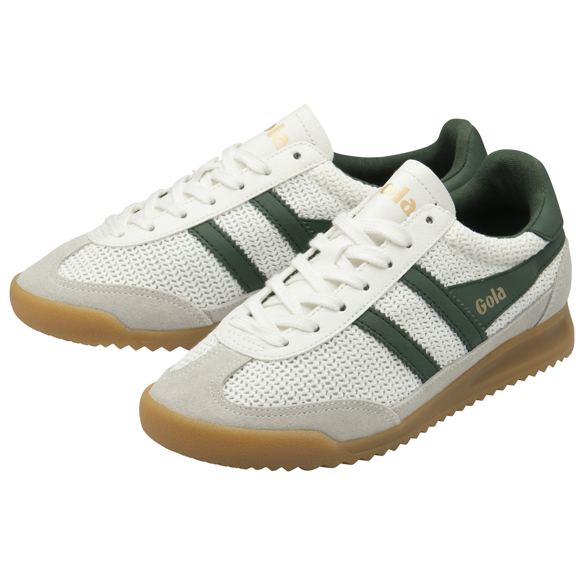Gola Tornado Zephyr women's off-white and green leather and textile lace-up trainers with gum sole.