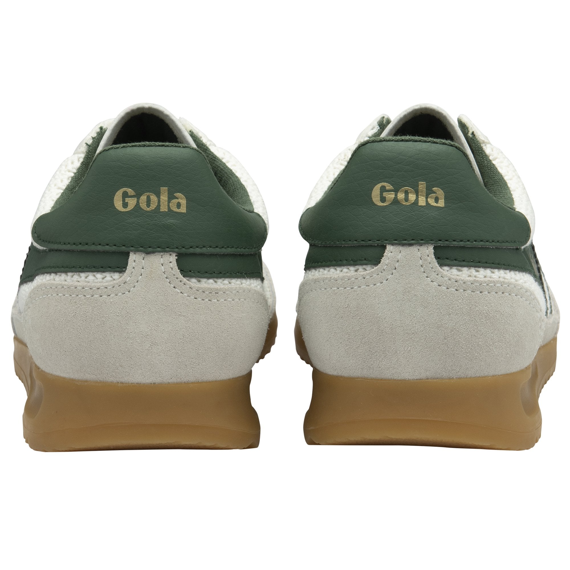 Gola Tornado Zephyr women's off-white and evergreen leather and textile lace-up trainers, cushioned sole, back view.
